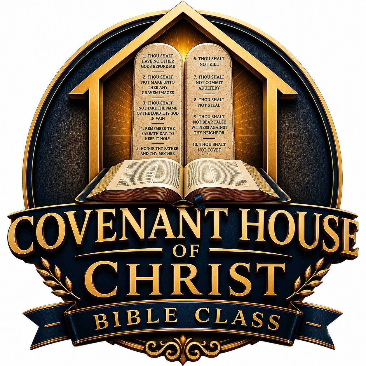 Covenant House of Christ Bible Class emblem: a gold house over the Ten Commandments tablets and an open Bible