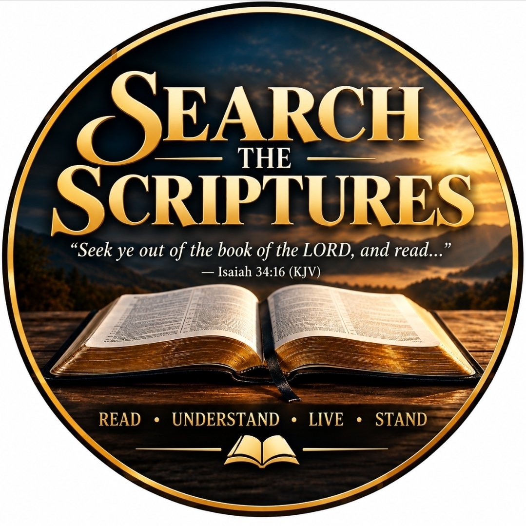 Search the Scriptures show emblem: an open Bible at sunset, with the words &lsquo;Seek ye out of the book of the LORD, and read&rsquo; — Isaiah 34:16 (KJV)